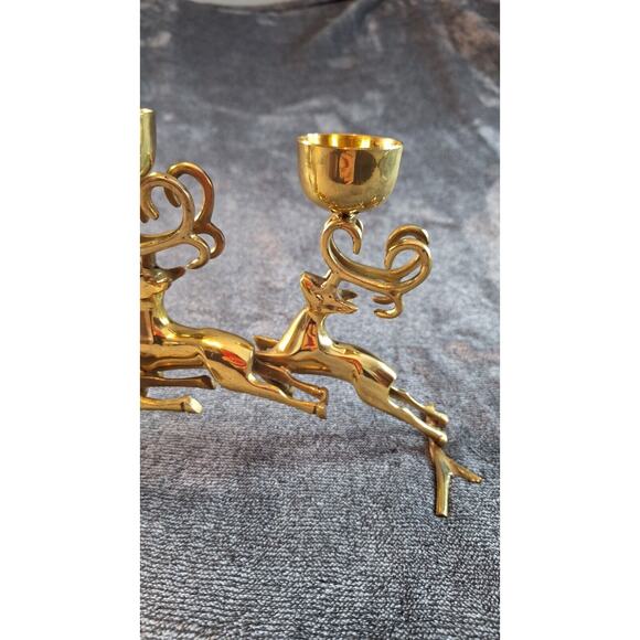 Brass Jumping Reindeer Triple Tealight/Votive Candle Holder Christmas Holiday - Picture 5 of 15